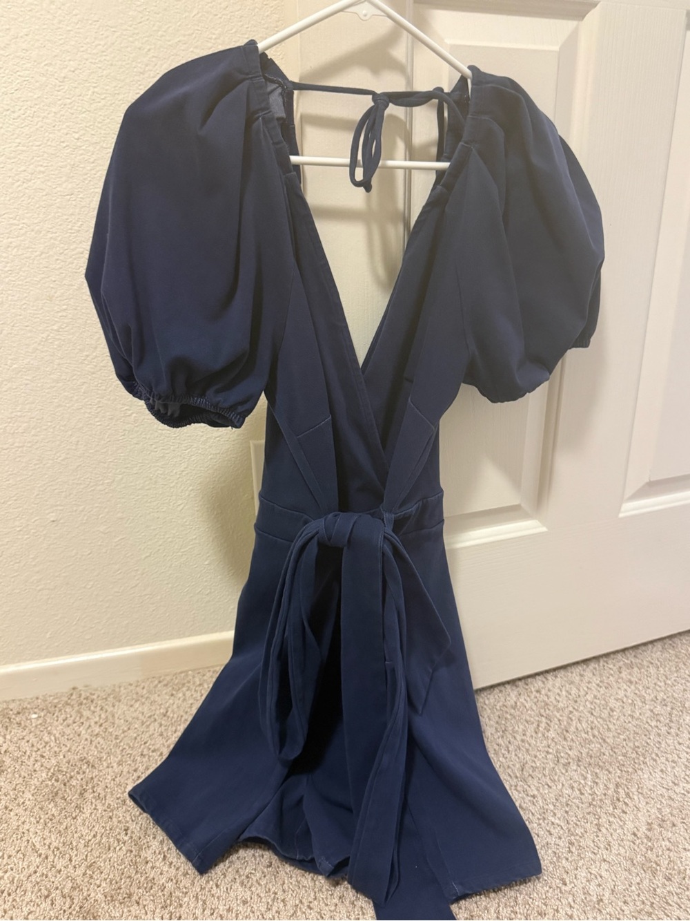 Women's Navy Puff-Sleeve Wrap romper